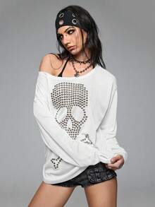 ROMWE Grunge Punk Loose Fit Oversized Crew Neck Skull Rivet & Rhinestone Graphic Long Sleeve T-Shirt - White - View 6
