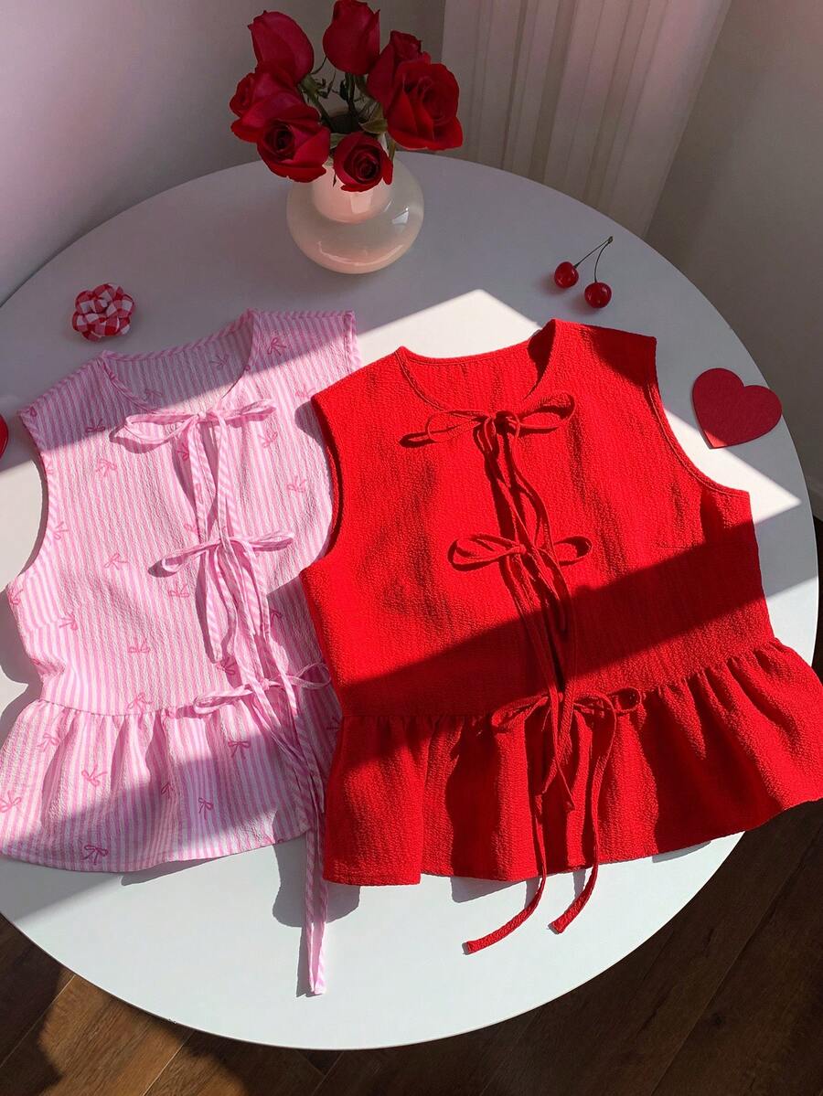 Comfortcana Bộ 2 áo kiểu nữ thời trang mới năm 2026, thích hợp cho kỳ nghỉ hè, mùa xuân, ngày Valentine, đi chơi, đi nghỉ mát, thường ngày, phong cách Y2K, mùa hè, xuân, ngày Valentine, lễ hội, bãi biển, tiệc sinh nhật, đám cưới, đi chơi. Áo không tay màu đỏ, áo không tay màu hồng, áo buộc dây phía trước, áo peplum, áo nữ tính. - Nhiều màu - Xem 1