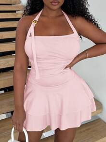 Alexandranx Nuevo diseño de vestido mini para mujer con falda de talle ceñido, joyería de espiral dorada y cuello halter - Rosa - Ver 6