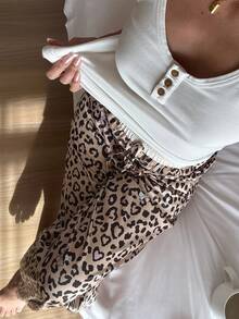 DAZY Leopard Print Patchwork Ruffle Waist Straight Loose Women Pajama Bottoms