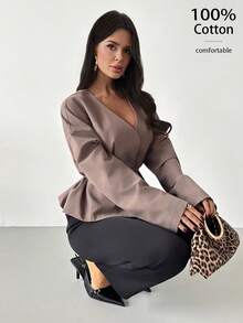 Firerie 女士优雅休闲通勤宽松外套，咖啡色/棕色长袖V领收腰设计，棉质宽松西装外套，新款秋冬女装外套，简约/优雅/办公/教师/通勤/百搭/日常穿着 - 咖啡棕 - 查看 5