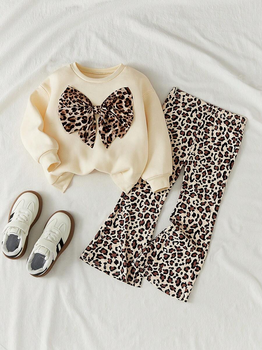 Maija Kids 豹纹蝴蝶结装饰圆领休闲卫衣，适合年轻女孩 - 杏色 - 查看 1