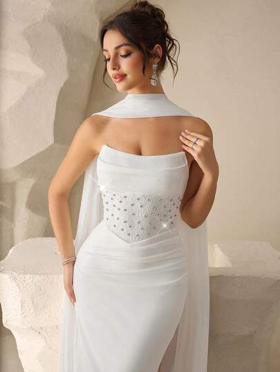 Coutiva Women's Strapless Rhinestone Decor Ruched Flounce Elegant Waist Fitted Mermaid Formal Evening Gown