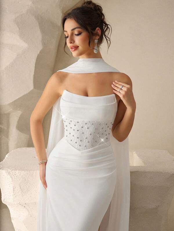 Coutiva Women's Strapless Rhinestone Decor Ruched Flounce Elegant Waist Fitted Mermaid Formal Evening Gown