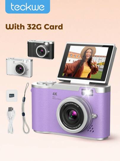 Teckwe Digital Camera For Photography, 4 K Vlogging Camera, 180° Flip Screen 8 X Digital Zoom Compact Retro Cameras With 32 GB TF Card
