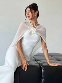 Firerie 女士优雅、精致、浪漫、简约的节日派对舞会婚礼宾客礼服，生日、情人节、约会、度假，3D立体花卉雪纺长围巾A字型白色连衣裙 - 白色 - 查看 1