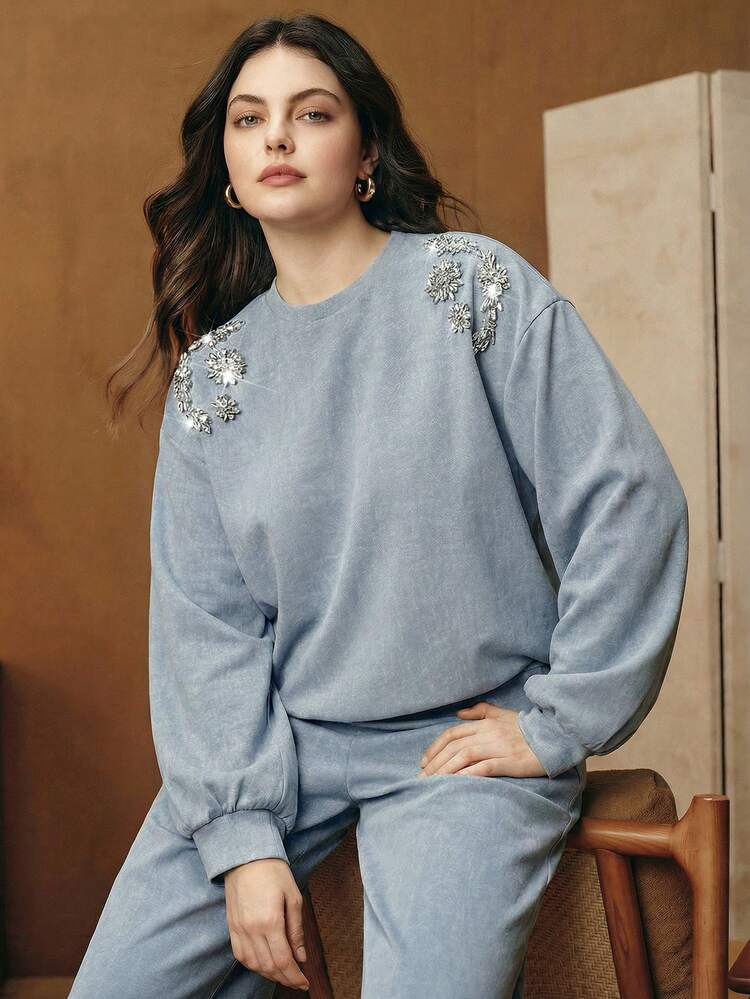 Vintage Washed Light Blue Rhinestone Embellished Casual Plus Size Sweatshirt For Women