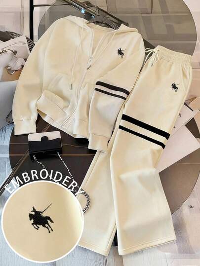 Resyla 剑士刺绣+条纹印花休闲拉链连帽衫套装，送朋友的礼物