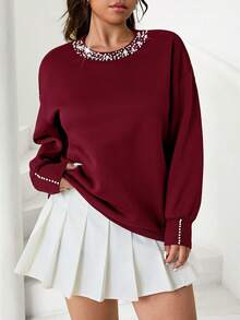 SHEIN EZwear 大尺碼酒紅色秋季優雅女款寬鬆圓領落肩長袖鑲飾休閒套頭運動衫 時尚派對穿搭 - 酒紅色 - 查看 4