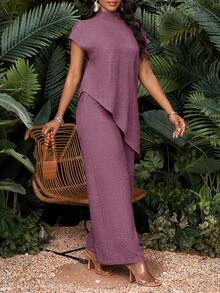 SHEIN Lady Women's Solid Color Asymmetrical Hem Top & Pants 2 Pieces Set - Dusty Pink - View 4