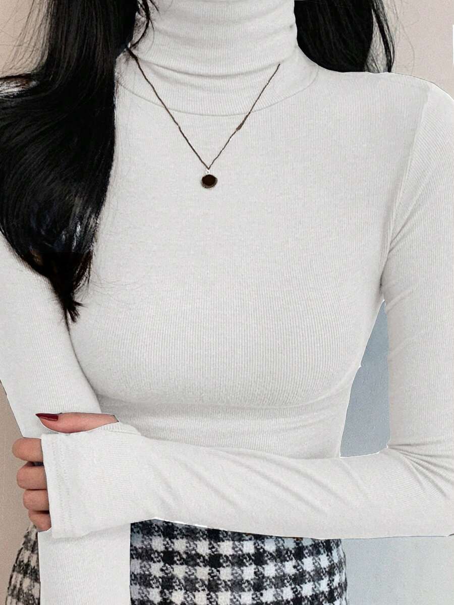 DAZY 女式高领修身保暖上衣 T 恤，休闲时尚，适合日常穿着，秋季服装长袖女式上衣 - 白色 - 查看 1