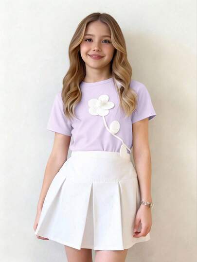SHEIN Tween Girl Elegant Lady Gorgeous School Girl 3D Floral Round Neck Short Sleeve T-Shirt + Solid Color Mini Skirt Set Purple Top For Girls Tween Tops Flower Tween Girl Clothes Purple