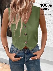 SHEIN LUNE Áo hai dây/áo vest công sở màu trơn thời trang dành cho nữ. - xanh quân đội - Xem 7