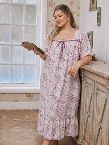 Elorette Áo ngủ tay ngắn thắt nơ họa tiết hoa lãng mạn cỡ lớn dành cho nữ của CottageSlumber - Nhiều màu - Xem 1