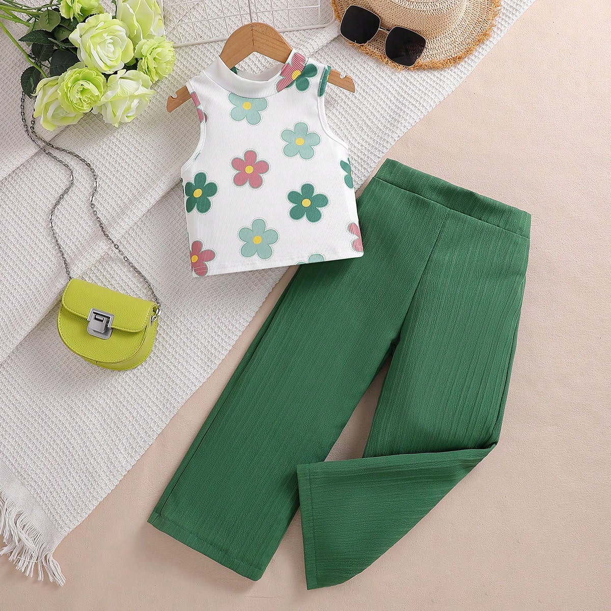 Conjunto de 2 piezas para niñas jóvenes: Top sin mangas y pantalones rectos sueltos para vacaciones de verano y playa, adecuado para viajes de vacac