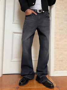 Manfinity EMRG Jeans acampanados elásticos desgastados con efecto de arrastre de pezuña en estilo callejero juvenil, para otoño/invierno - Negro - Ver 4