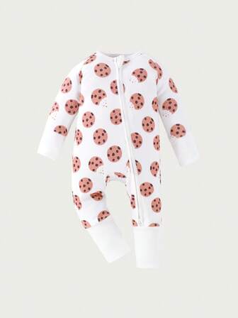 Baby Boy Cookie Print Double-Zipper Långärmad Romper Pyjamas