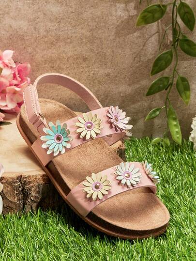 Mini mi #SweetBloom Kids' Two Band Multi-Color 3D Flower Slingback Soft-Footbed Premium Faux Leather Pink Sandals – Cute, Comfy & Lightweight