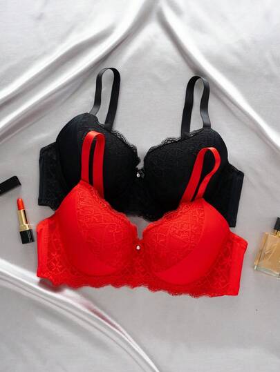 DesireSculpt 2pcs/Set Plus Size Women Lace Patchwork Simple Underwire Adjustable Bra, Wedding