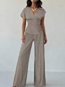 Aloruh 春夏新款套装，优雅度假装，杏色亚麻不对称袖侧褶腰通勤套装，杏色竹亚麻面料衬衫和高腰阔腿裤套装，时尚通勤风褶腰不对称下摆衬衫和裤子两件套，适合所有季节，优雅通勤，日常外出，休闲搭配，毕业典礼，教师节，返校季和其他场合。 - 杏色 - 查看 5