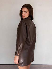 Bris Aura 2pcs/Set Women Solid Color Front Button Long Sleeve Pocket Blouse And A-Line Skirt Winter Brown - Brown - View 2