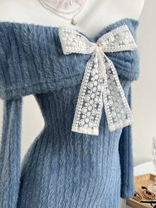Elamini 白色露肩露背仿马海毛罗纹针织蝴蝶结珍珠装饰长袖修身迷你连衣裙，Y2K复古可爱派对休闲连衣裙，适合秋冬季、圣诞节、新年等场合。