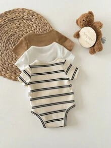 SHEIN Bộ 3 món áo liền thân tay ngắn kẻ sọc dễ thương cho bé trai sơ sinh. - Màu Khaki - Xem 2