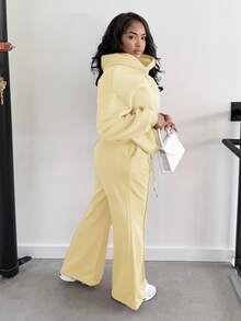 Alexandranx 夏季服装女装简约休闲奶油黄色纯色套头衫连帽长袖帽衫无抽绳超大码秋冬女装 - 淡黃色 - 查看 4