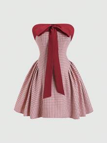 Sweetra Autumn/Winter New Vintage Sexy Slim Fit Bowknot Color Block Houndstooth Versatile Comfortable Casual Dress, Brown - Redwood - View 4