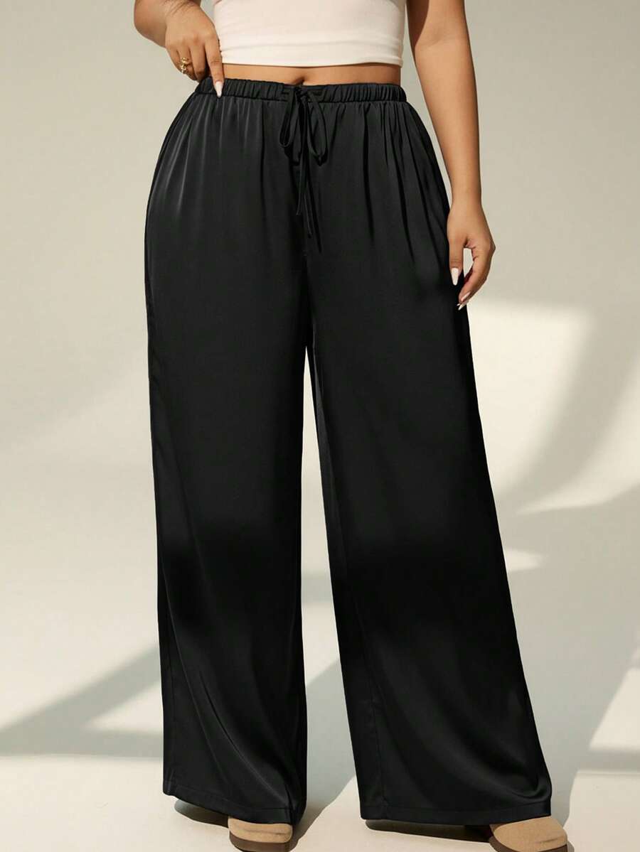 Auralis 大码女士休闲复古缎面长裤，棕色美拉德面料，适合日常穿着、办公、通勤、派对和约会等多种场合。 - 黑色 - 查看 1