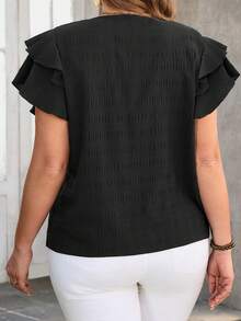 EMERY ROSE 大码女式夏季休闲度假乡村风圆领双层荷叶袖短袖纯色黑色衬衫，适合春假、度假、外出，2026新款，简约时尚，日常穿着舒适，休闲度假波西米亚风上衣，荷叶袖上衣，黑色夏季上衣，女士夏季衬衫，适合夏季、度假、通勤、日常穿着，褶皱上衣，夏季上衣 - 黑色 - 查看 2