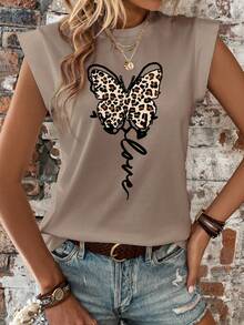 EMERY ROSE New Arrival Women's Fashion Leopard Print Cap Sleeve T-Shirt - Khaki - View 6