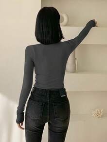 DAZY 女士秋季高领修身保暖内衬 T 恤长袖女上衣，秋季女装 - 深灰色 - 查看 3