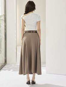 Heiryn Women's Solid Color Belted Waist Minimalist Versatile Skirt Belt Skirt Khaki Skirt Women Long Brown Skirt - Khaki - View 4