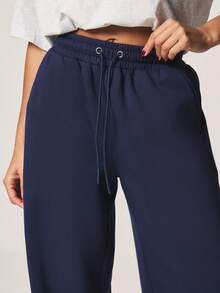 MISSGUIDED Pantalones de chándal de pierna ancha con cordón de mujer en color azul marino, cintura elástica, ajuste holgado, con bolsillos laterales, pantalones cómodos para estar en casa - Azul Marino - Ver 4