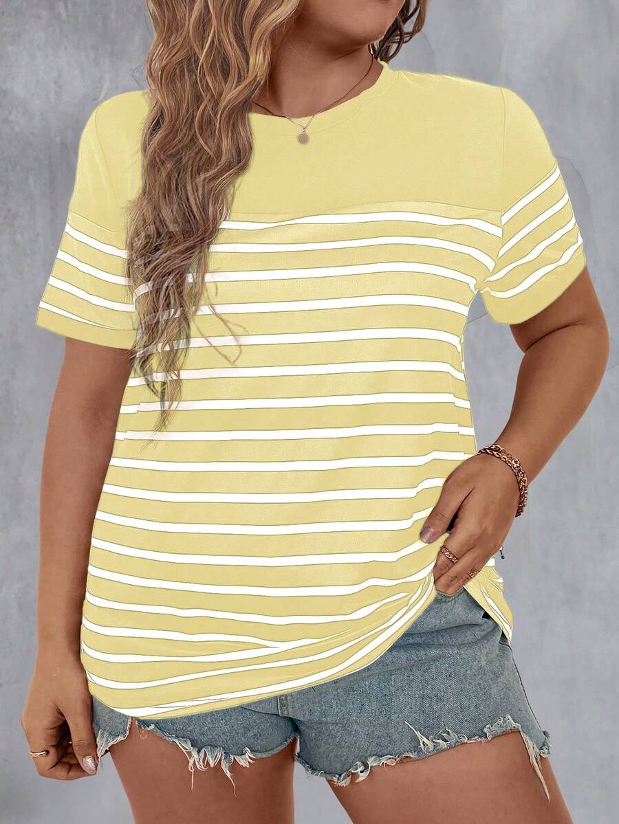 大码女式夏季条纹印花圆领短袖休闲T恤图案上衣 - 杏色 - 查看 1