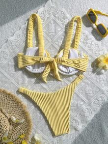 Swim Mod 2pcs Minimalist Ribbed Fabric Ruched Strap Underwire Flat Chest Swimsuit Top And Ruched Side Triangle Bottoms Set