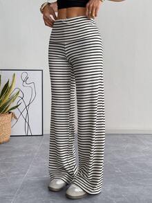 SHEIN EZwear 女士休闲日常条纹裤 - 杏色 - 查看 5