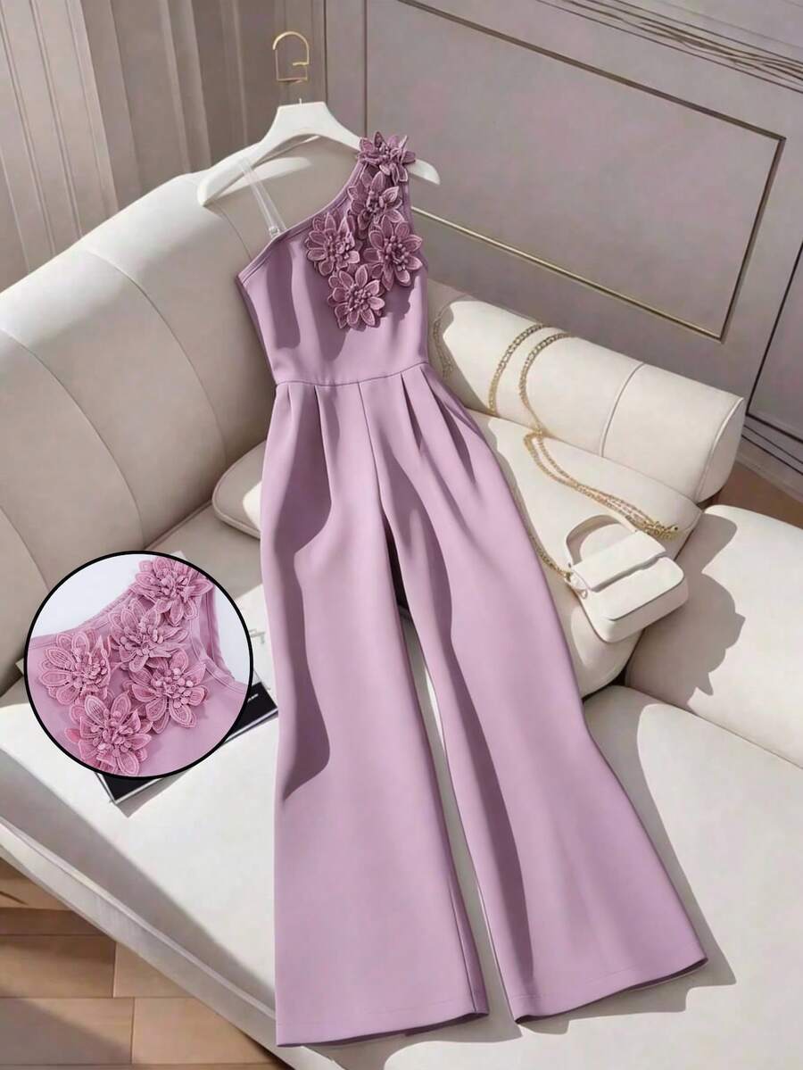 Tween Girl Casual Loose Shoulder Strap Jumpsuit With 3D Floral Decor, Suitable For Spring, Summer, Autumn Daily Wear And School - Dusty Pink - View 1