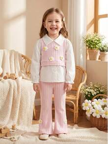 SHEIN 2pcs/Set Young Girl' Fashion Ribbed Patchwork White Long Sleeve Collared Shirt And Pink Ribbed Pants Outfit, Suitable For Casual Wear And Outings - Pink - View 2