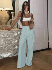 Ronhire Women's Plain Simple High Waist Straight Leg Trousers - Blue - View 1