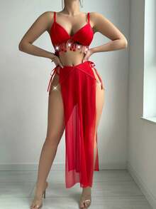 SHEIN 三件套：亮片流苏内衣、丁字裤和金属链条长裙，魅力派对/情人节装扮 - 紅色 - 查看 4