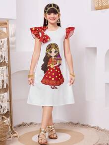 SHEIN Tween Girls' Loose Casual Round Neck Pullover Dress With Bow Decor & Cartoon Pattern - Red - View 2