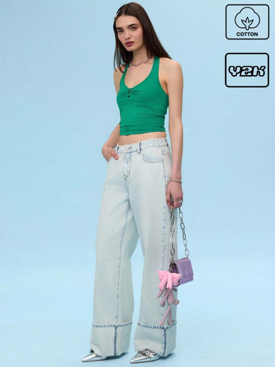 COUREZ 低腰直筒牛仔裤，裤脚卷边设计 /Y2K/休闲/纯棉复古 - 白色 - 查看 1