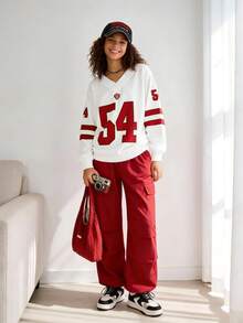 SHEIN Explorewe Teen Girls' Spring & Autumn Sports Numeric Print Long Sleeve Knit Sweatshirt And Side Pocket Cargo Pants 2 Pieces Set Fall Winter - Red - View 5