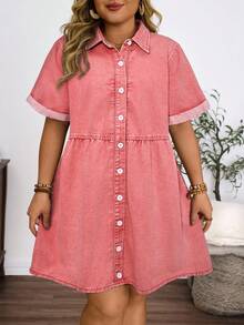 EMERY ROSE Vestido de mezclilla casual con botones delanteros para tallas grandes - Rosa - Ver 5