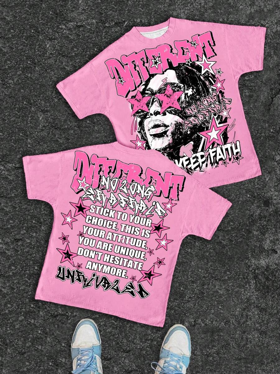 Slaydiva 休闲简约黑色人像图案粉色圆领宽松女式T恤 - 彩色 - 查看 1