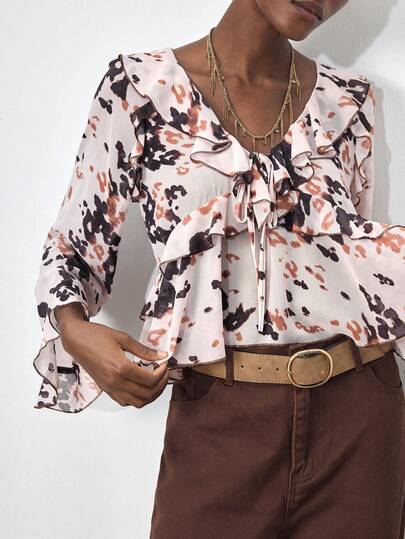 Maija 2026 Spring/Summer New Multicolor Animal Print, Leopard Pattern, Tie Collar, Bow Tie, Ruffle Trim, Bell Sleeve Chiffon Blouse For Women, Cute & Versatile For Wedding Guest, Host, Date, Party, Concert, Brunch, Travel, Summer Holiday