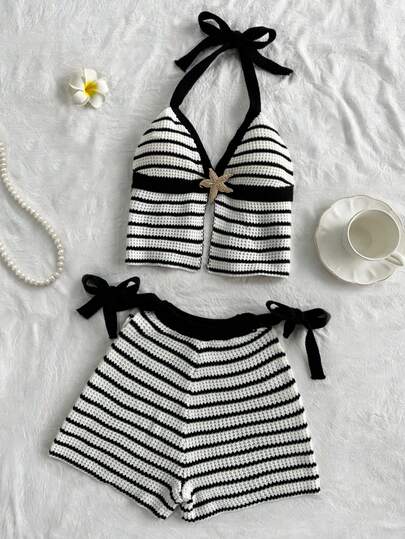 Elamini Women's Fashionable Sexy Beach Vacation Black & White Multi-Color Halter Tie-Up Knitted Crop Top & Skirt 2-Piece Set, Spring/Summer