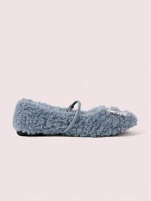 CUCCOO DOLLMOD Rhinestone Decor Plush Casual Comfortable Versatile Flat Shoes, Suitable For Daily Commute Valentine's Day - Blue - View 10